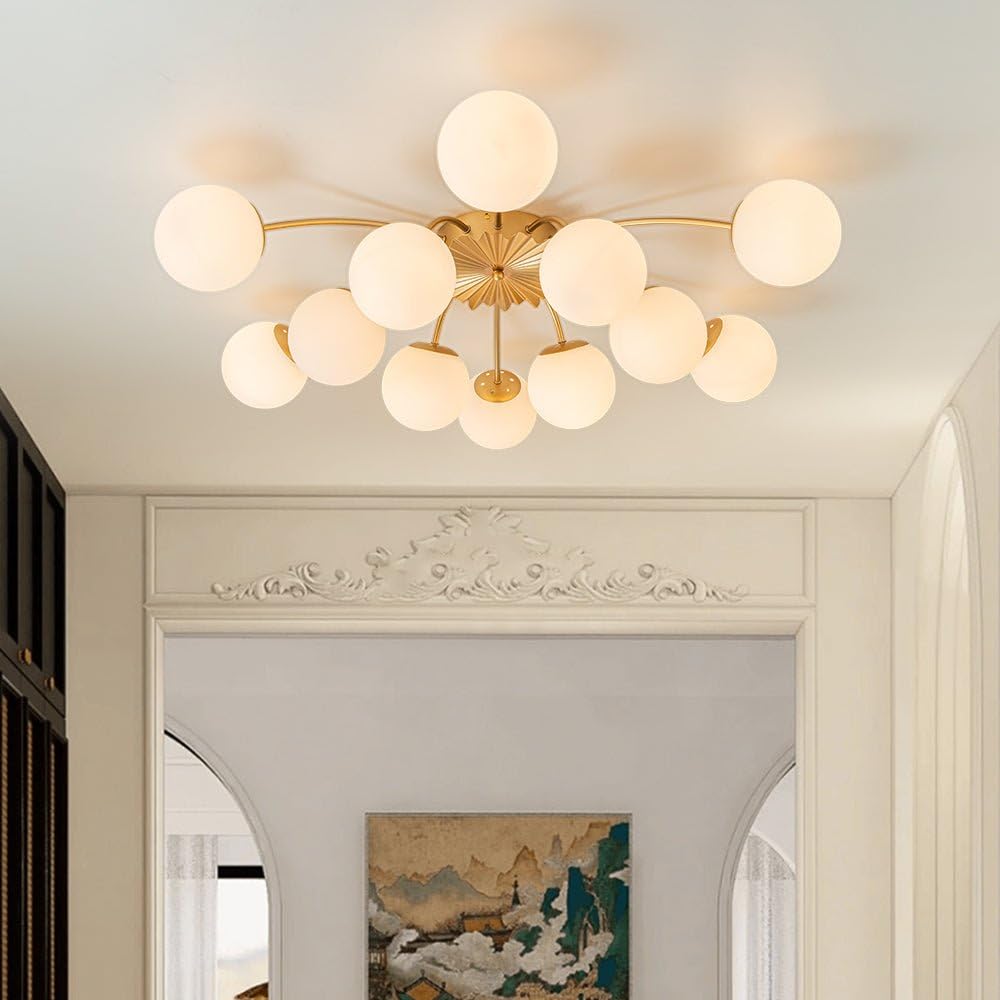 YIHANTLZ 12-Light Pendant Light, Gold Hand Blown Glass Chandelier, 40in Sputnik Design for Dining Room and Living Room, Model BP-1662