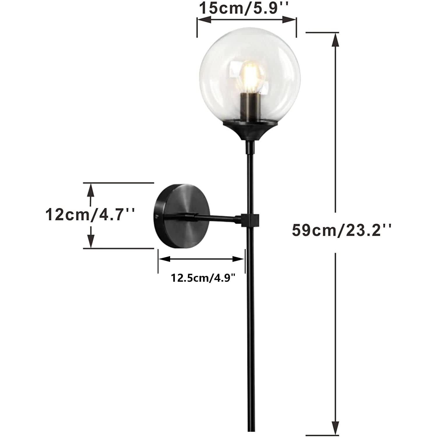 KCO Mid Century Wall Sconce Black Clear Glass Globe Light, Model W1032-B-C, Minimalist Design for Hallway, Stairs, Bathroom