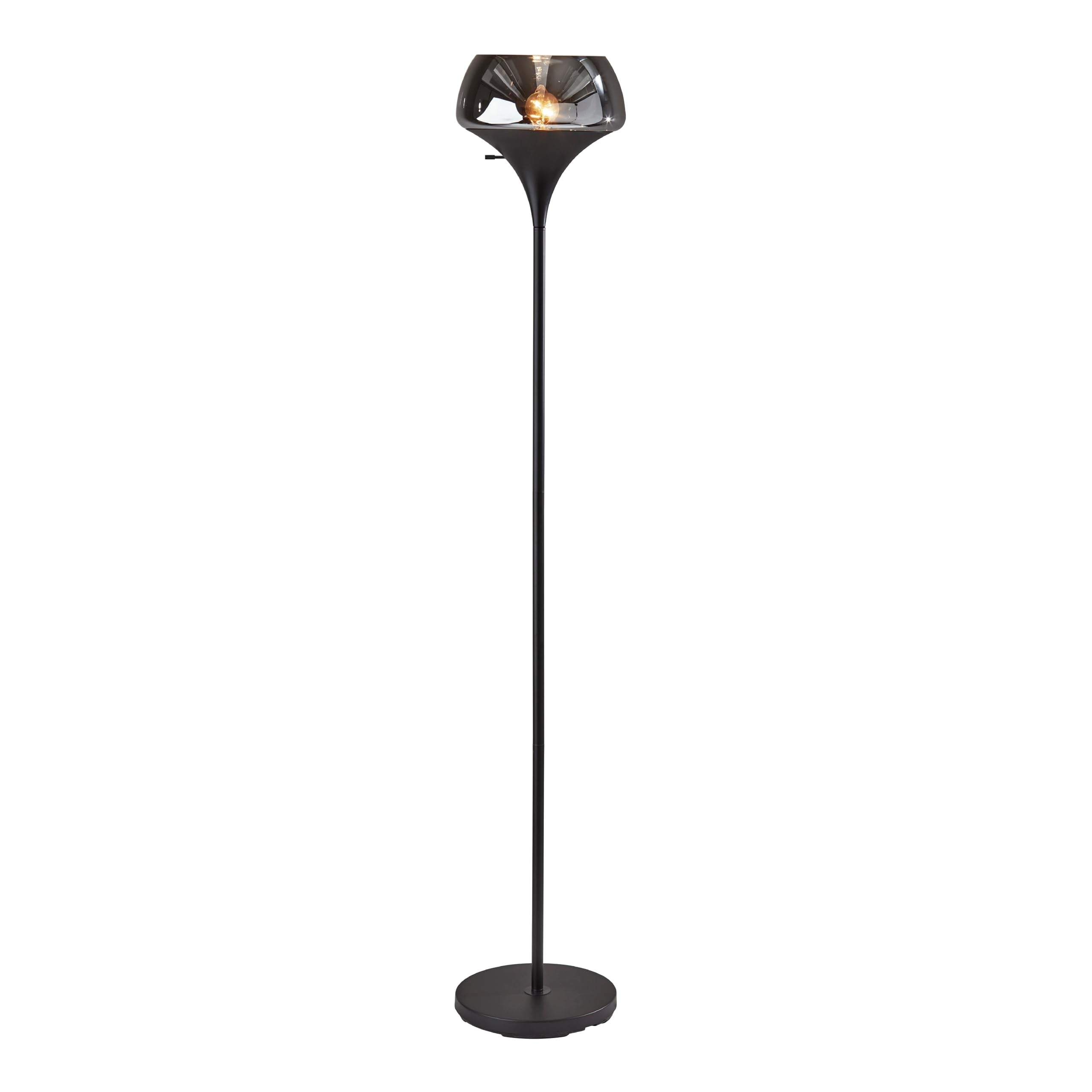 Adesso Black Torchiere Floor Lamp with Smoked Glass Dome Shade - 3-Way Adjustable Ambient Accent Lighting for Bedroom, Living Ro