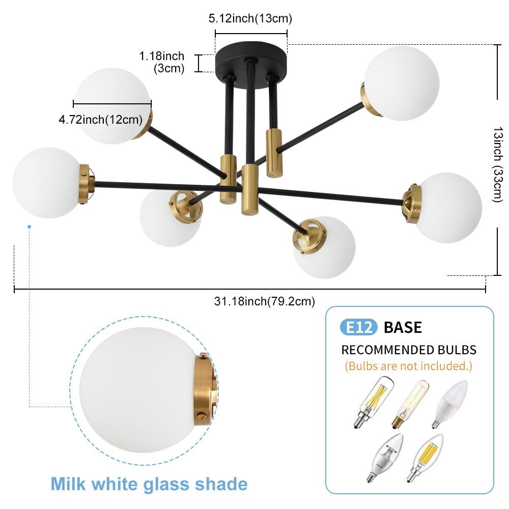 Biewalk Sputnik Ceiling Light Fixture 6 Light Sputnik Chandeliers, Black And Gold Chandelier Light Fixture With Milk White Glass Shade For Living Room Kitchen Bedroom Dining Room (E26 Bulb Excluded)