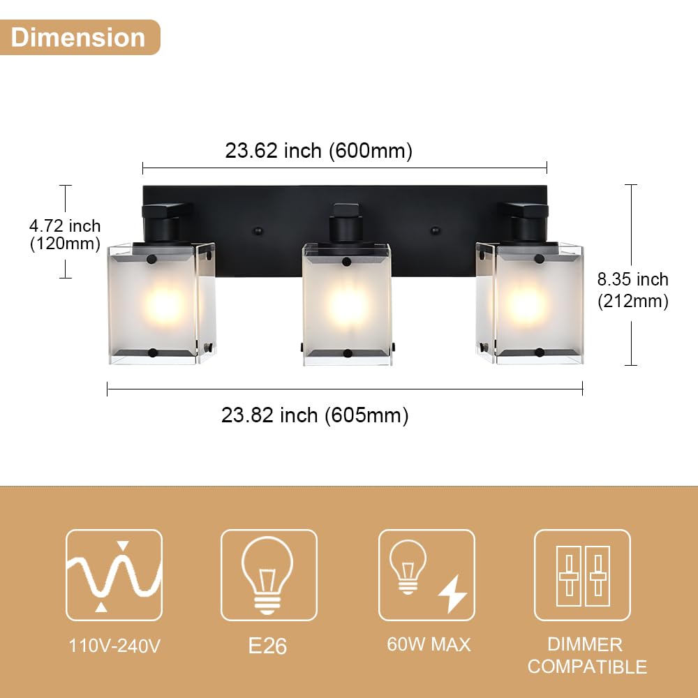 WINSHEN 3-Lights Bathroom Light Fixture, Modern Black Wall Sconce with Frosted Glass Shade, E26 Bulb Base, Model 3WBL-XOTFZO