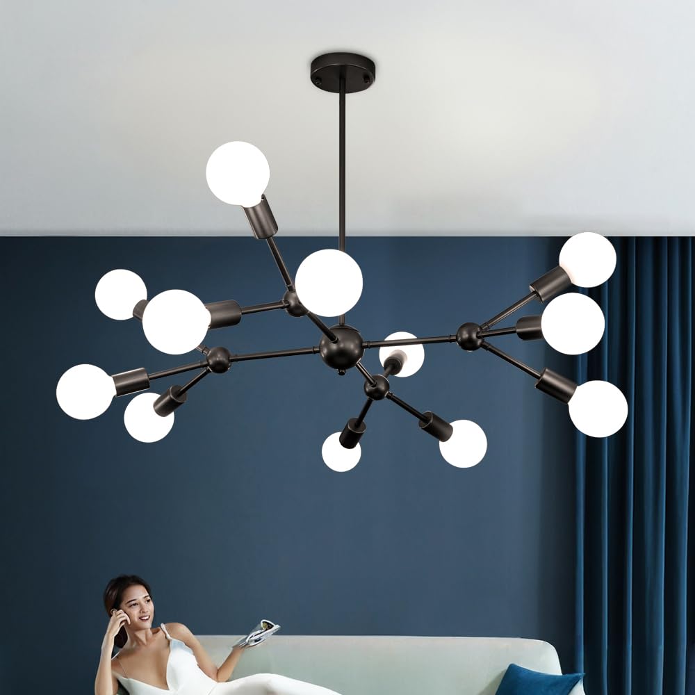Quoobe Modern Black Sputnik Chandelier,12 Lights Metal Semi Flush Mount Ceiling Light Fixture For Bedroom Study Living Room Dini