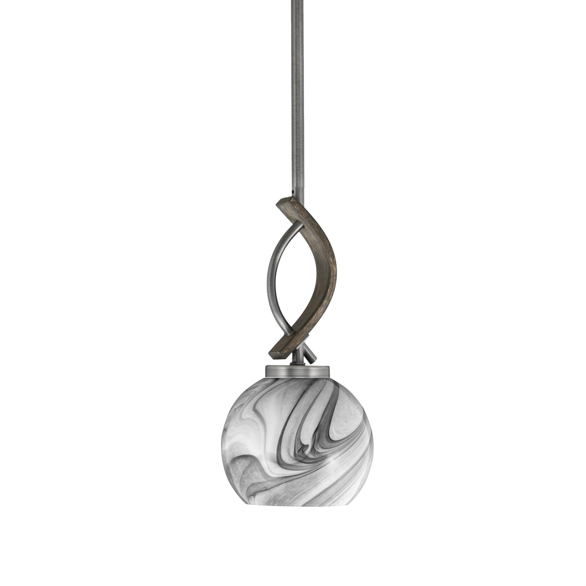 Toltec Lighting Monterey Stem Hung Mini Pendant, Graphite & Distressed Wood-Look, 5.75in Onyx Swirl Glass
