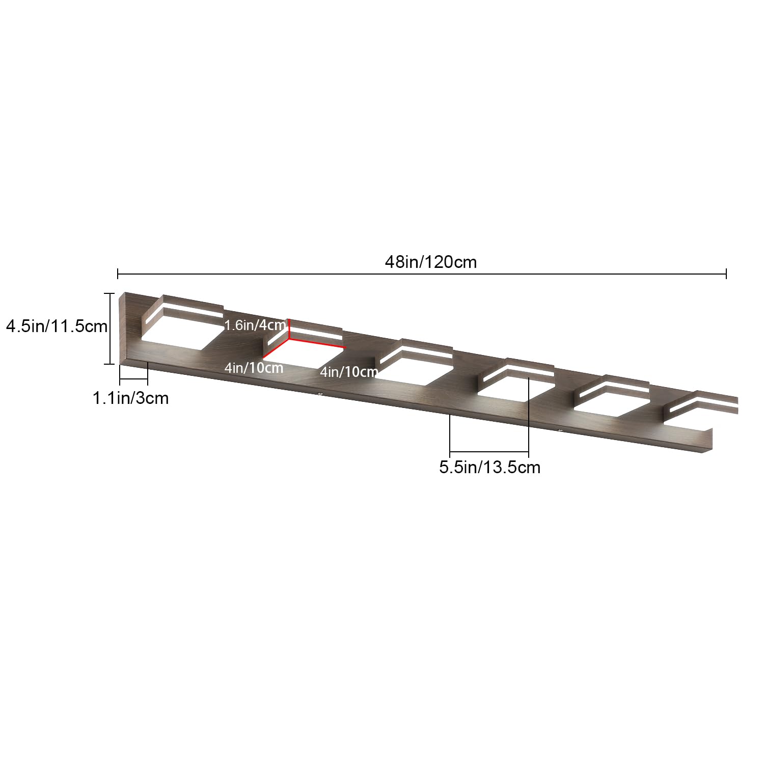 SineRise 6-Light LED Bathroom Vanity Light Fixture, 48-Inch, Brown Wood, Stainless Steel, Model 3399e96b, Non-dimmable, Cool White 6000