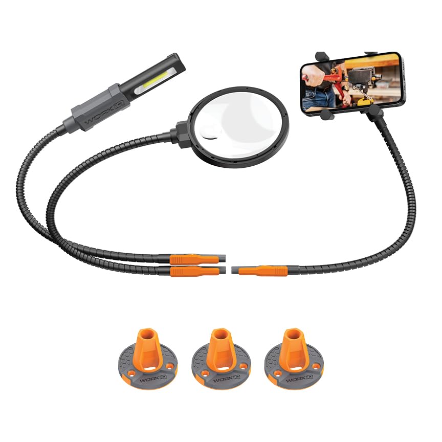 Work IQ Tools IQ Connect | Hands-Free Accessory System with 3 Bench Mounts | Includes Magnifying Glass, Rechargeable Work Light 