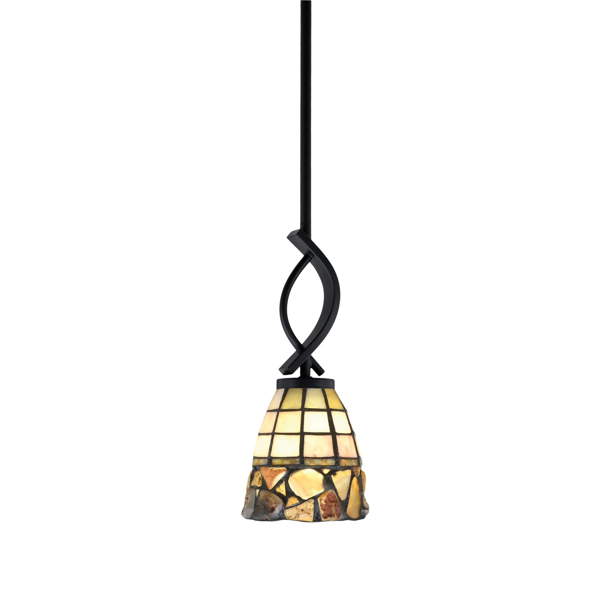 Cavella 1 Light Stem Mini Pendant Shown in Matte Black Finish with 7&quot; Cobblestone Art Glass