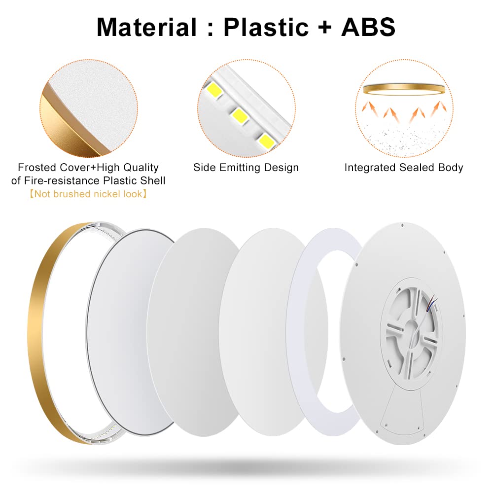 Fletergib 12 Inch Gold Led Ceiling Light, 5000K Daylight White, 24W Gold Flush Mount Ceiling Light, 3200Lm Round Low Profile Ceiling Lights For Bedroom, Living Room, Dining Room