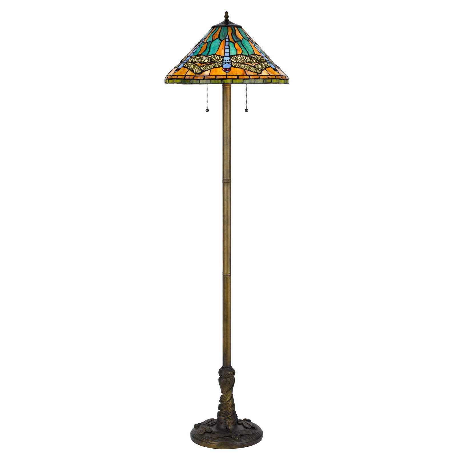 HomeRoots Brass Two Light Traditional Floor Lamp with Dragonfly Tiffany Glass Shade, 63 in., Blue & Orange