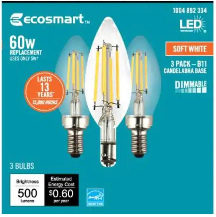 Ecosmart Bulbs 60-Watt Equivalent B11 Dimmable Energy Star Clear Glass Candelabra Led Vintage Edison Light Bulb Soft White (3-Pa
