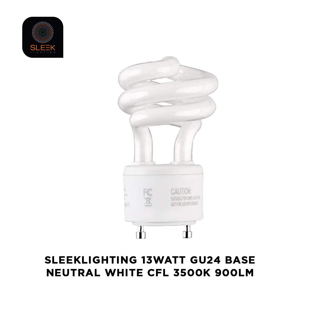 Sleeklighting - 13Watt Gu24 Base 2 Prong Light Bulbs- Ul Approved-13W 120V 60Hz Light Bulb- Mini Twist Lock Spiral -Self Ballasted Cfl Two Pin Florescent Light Bulb- 3500K Neutral White -4Pack-