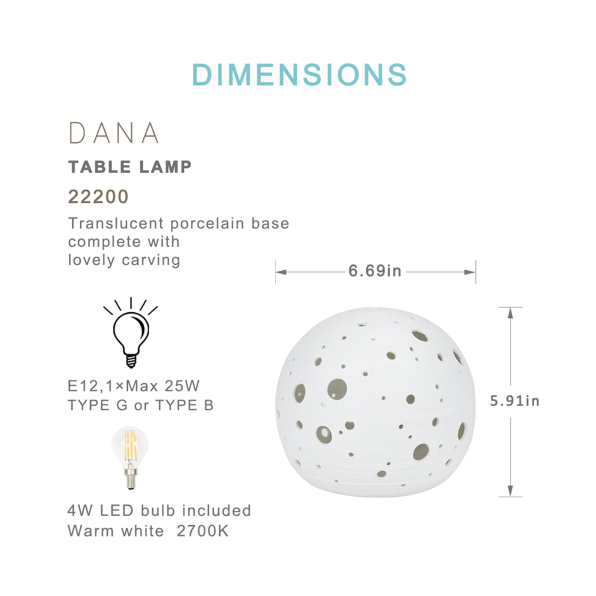 Lampwell Dana Small Moon Ceramic Table Lamp, F6.69×H5.91IN, White, LED Bulb Included, Model 22200