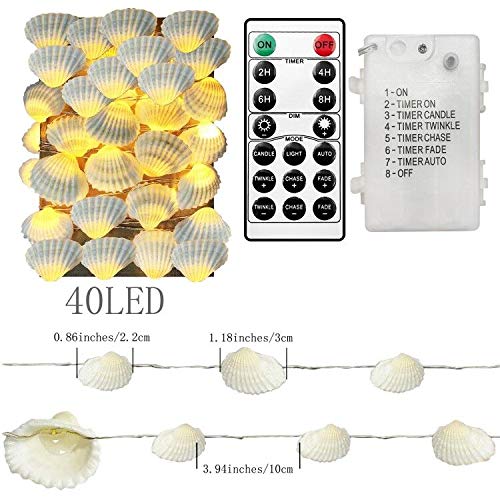 Decorman Natural Seashell String Lights 13.2Ft 40 Led 8 Modes Warm White Weatherproof Battery Operated Ocean Theme Lights For Bedrooms Parties Weddings Gardens With Remote And Timer (Natural Shell)