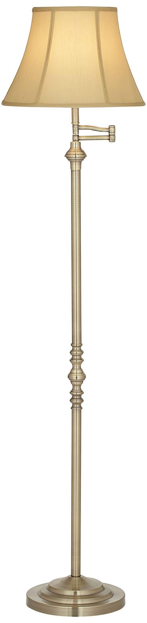 Regency Hill Floor Lamp - Traditional Adjustable Swing Arm, 60in Tall, Antique Brass, Metal, Golden Tan Shade, Model T8241