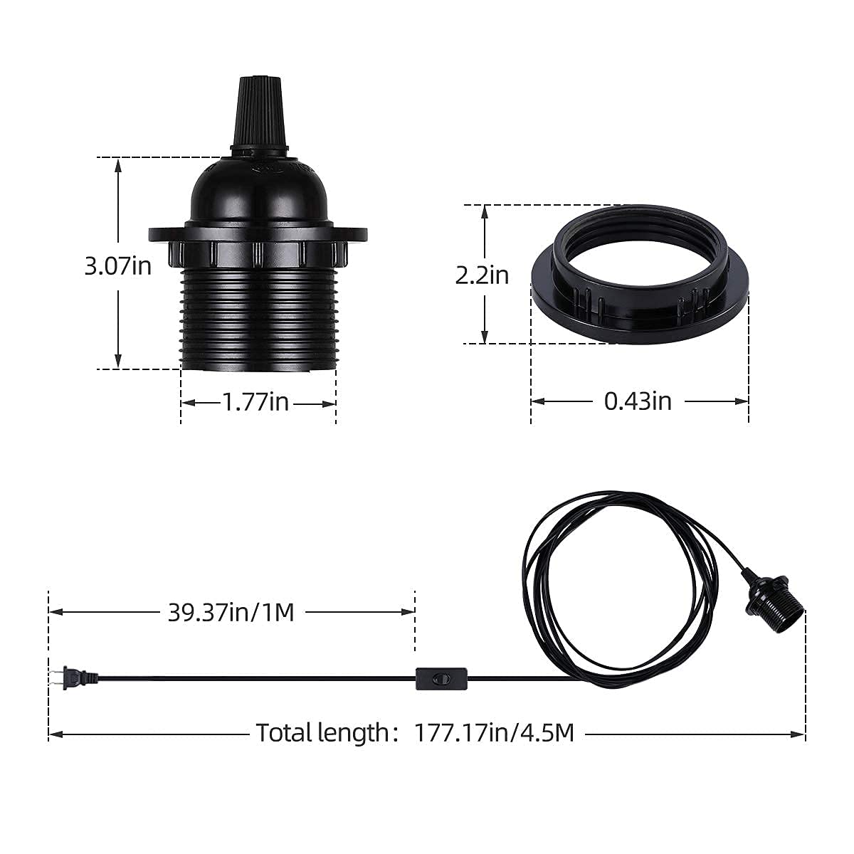 2-Pack Plug In Pendant Light, Huibona 15Ft Vintage Hanging Lantern Light Cord E26/E27 Socket, Black Pendant Light Kit With In-Line On/Off Switch And Lampshade Ring