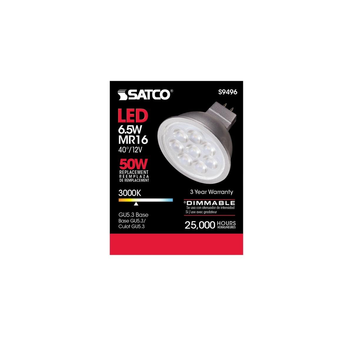 Satco MR16 LED Light Bulbs, Dimmable, 3000K, 40° Beam Angle, GU5.3 Base, 12V AC/DC, 6 Pack, Warm