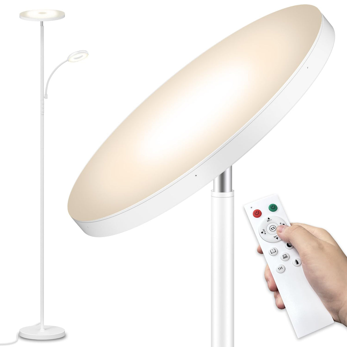 Marctronic White Floor Lamp, 42W 4000Lm Super Bright Led Room Lamp With Adjustable Reading Light,Dimmable Modern Standing Lamp W