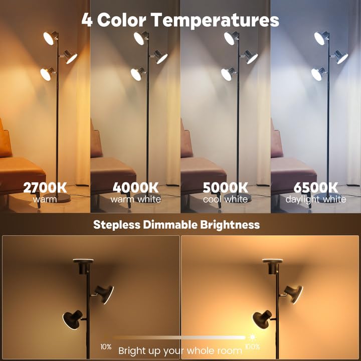 Sibrille 36W Led Tree Floor Lamp, Modern Dimmable Standing Lamp With Remote & Touch Control, 4 Color Temperatures, 3 Rotatable L