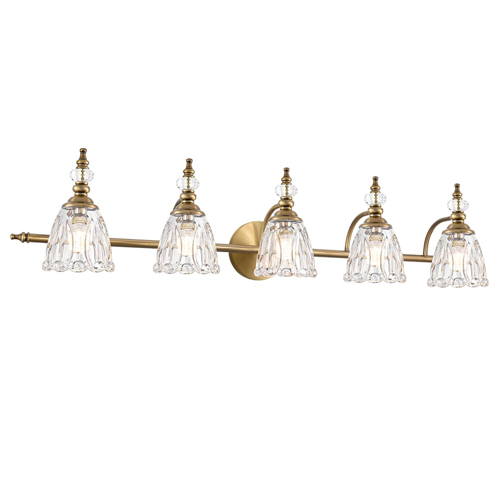 Ditoon 5 Lights Brass Gold Bathroom Light Fixtures, Antique Vanity Light With Flower Glass Shade, Bathroom Vanity Light Over Mir