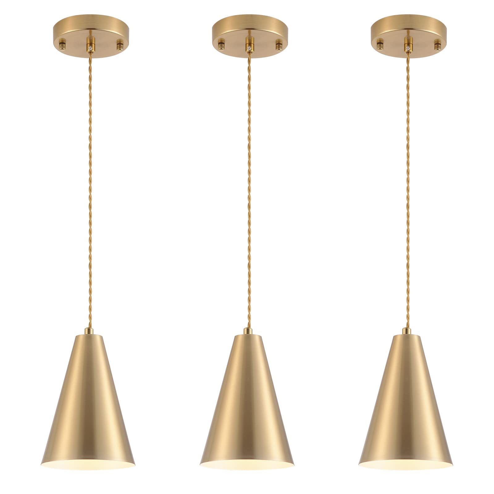 Dijiahua Gold Pendant Lights, 3 Pack Brushed Brass Cone Shade, Adjustable Cord, Modern Farmhouse Chandeliers for Kitchen Island, Dining Room