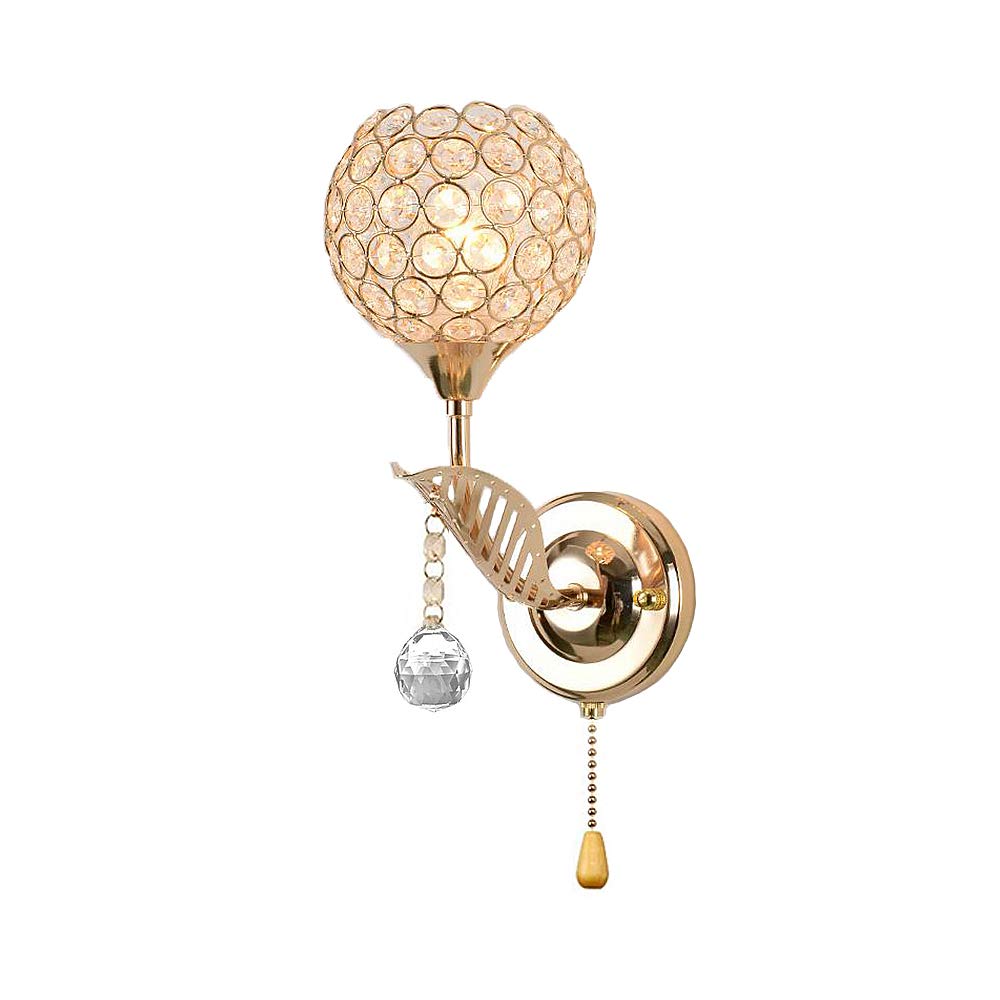 WeFoonLo Modern Crystal Wall Light Sconce Fixture with Pull Cord Switch, E14 Socket, Chrome Finish, Gold, Model TL1135