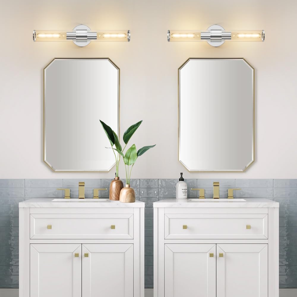 Vaziden Chrome Wall Sconce  Bathroom Light Fixtures In Clear Glass Indoor Wall Sconces  Modern Sconce Wall Lighting Up And Down Vanity Lights Fixtures For Bathroom Living Room - Bulb Not Included