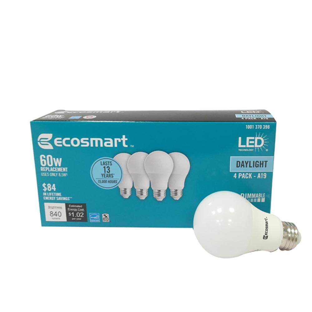 (4 Pack) Ecosmart A19 Led 60 Watt Replacement (8.5W) Daylight White (5000K) 840 Lumens Energy Star Rated Medium Base E26 Dimmabl