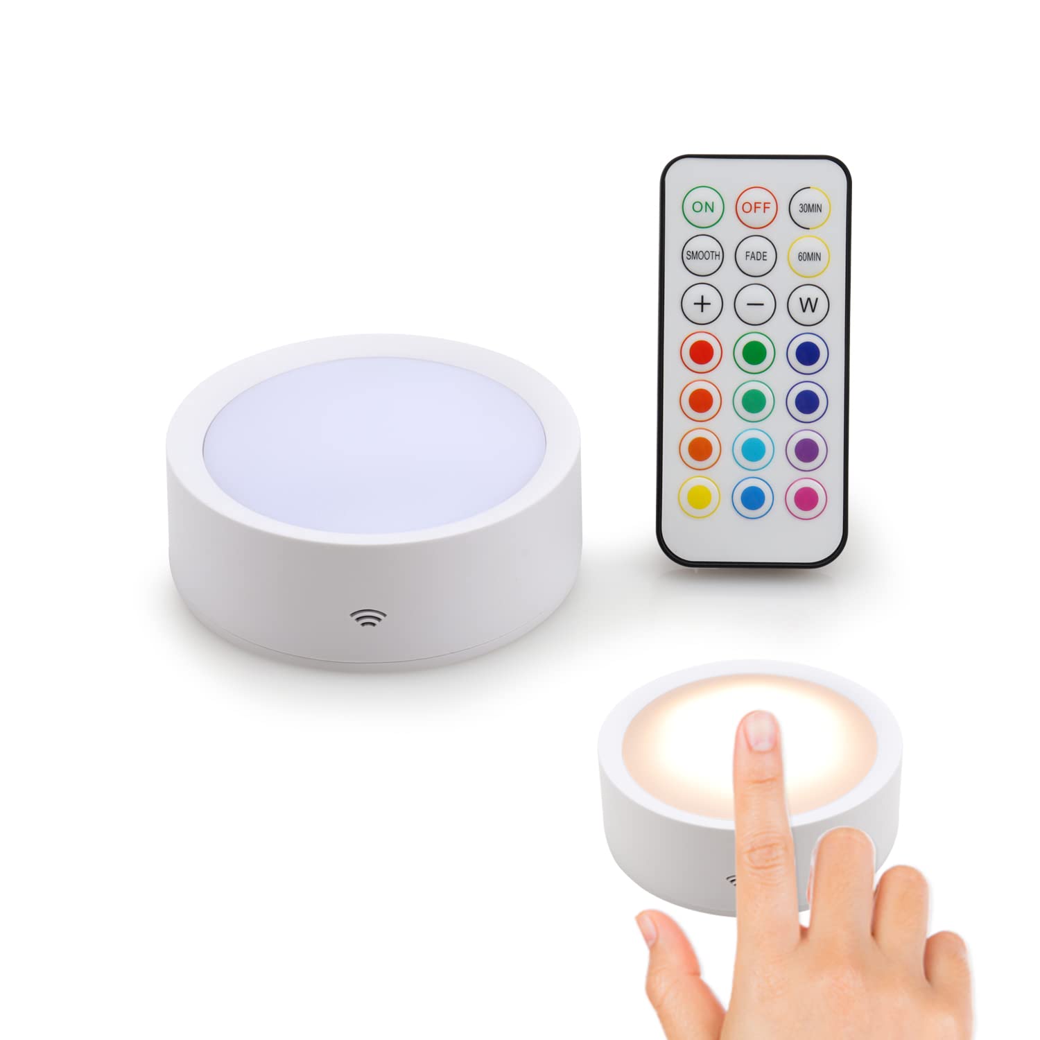 Dami Under Cabinet Lighting With Remote Control, Rechargeable Battery Operated Wireless Shelf Lights, Under Cabinet Lights Stick On Tap, Color Changing Puck Lights For Kitchen, 2 Pack, White