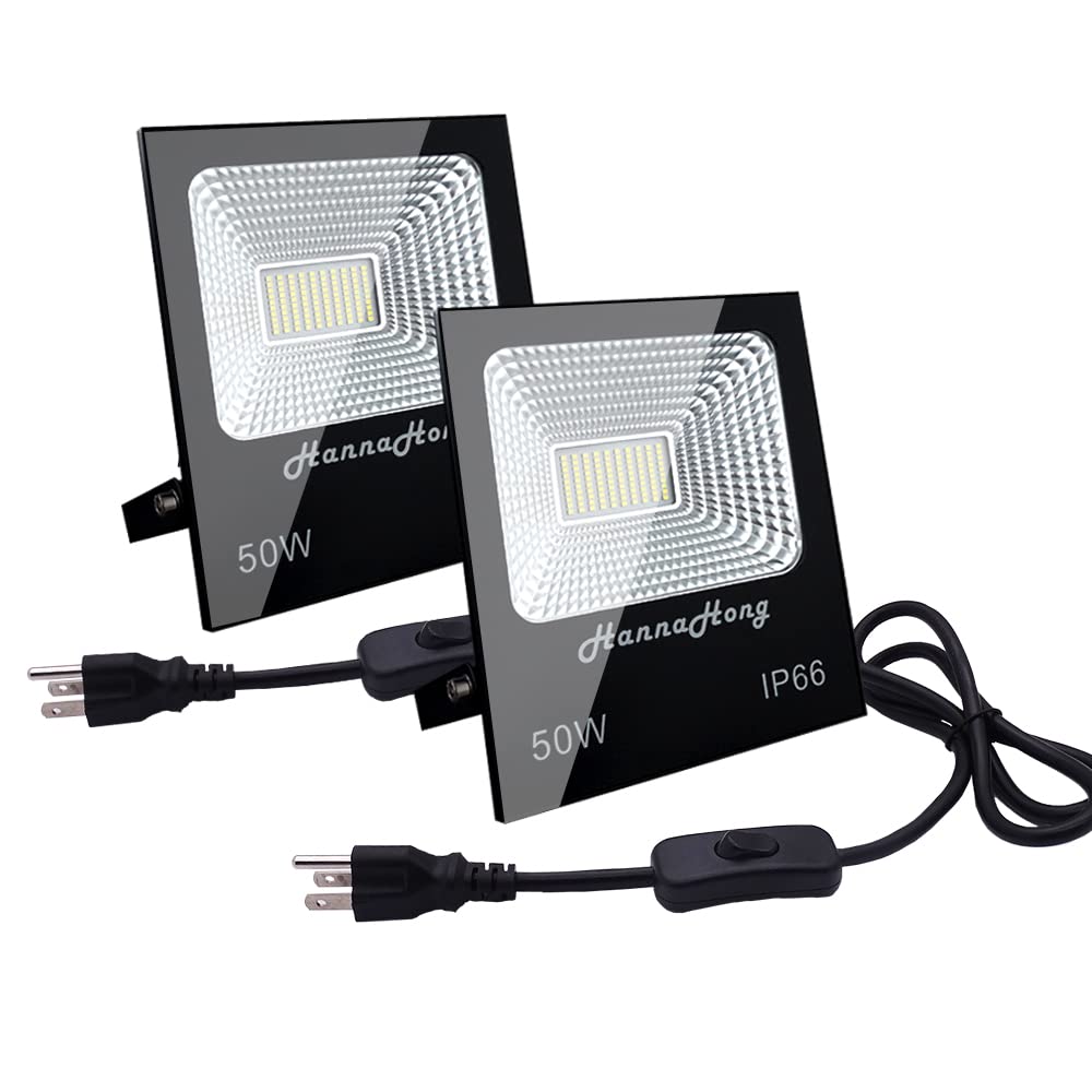 HANNAHONG 50W LED Flood Light, IP66 Waterproof, Daylight White, Black, 2 Pack, Model 884399205976
