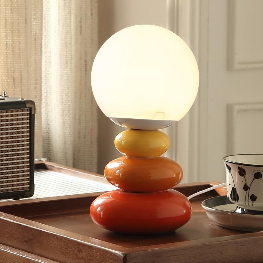 Mgchayoli Aesthetic Cute Small Lamp Modern Orange Cool Funky Stacked Stone Ceramic Table Lamp Unique Novelty Nightstand Bedside 