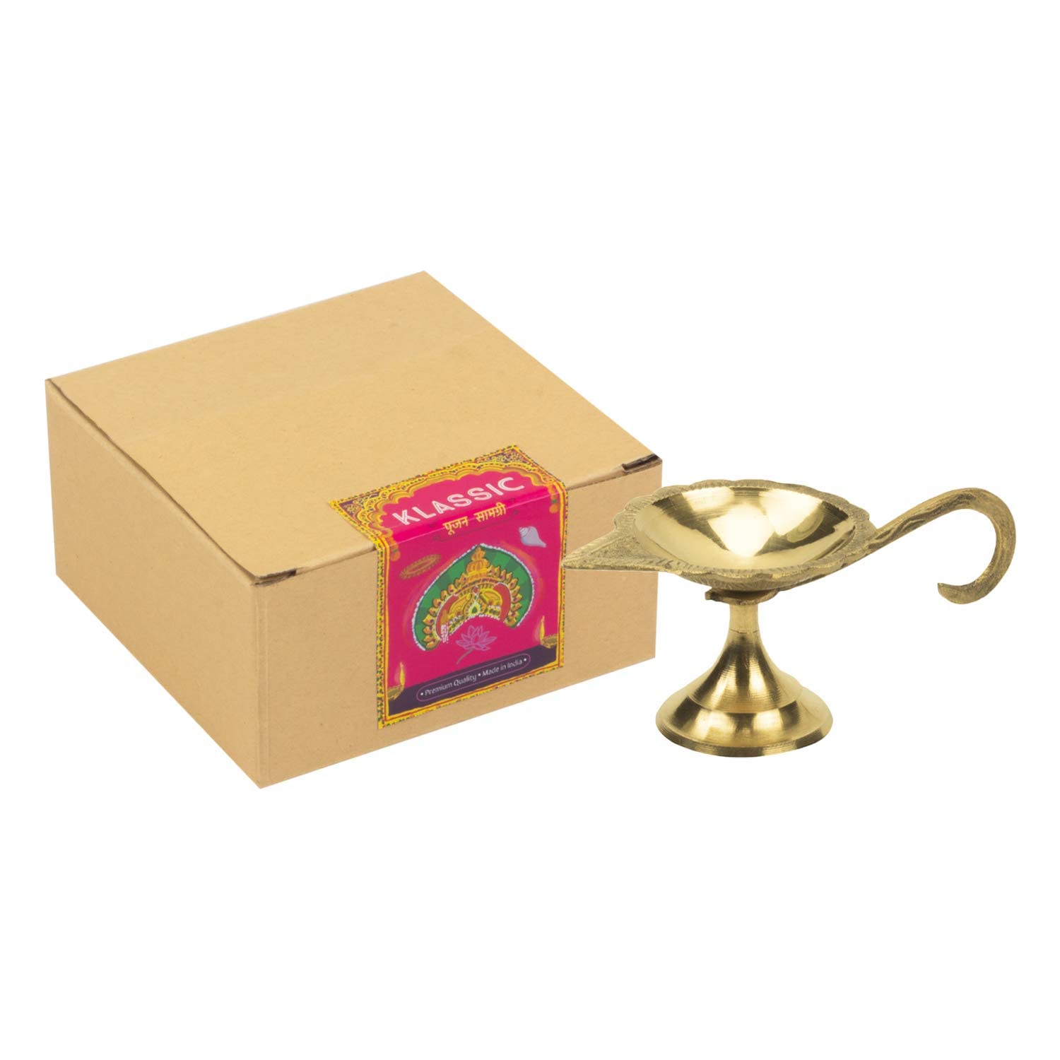 Klassic Brass Puja Diya with Curved Handle Brass Diya || Heavy Base Aarti Diya with curved handle || Deepak for Pooja Diwali , H