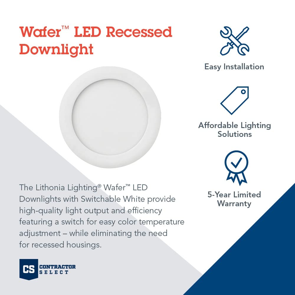 Lithonia Lighting Wf6 Led 30K40K50K 90Cri Mw M6 Recessed Light, Wafer Downlight With Ultra Thin Round Trim, Color Temperature Selectable, 3000K | 4000K | 5000K, 6-Inch, Matte White