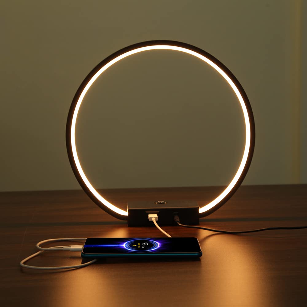 MASIVEL LED Circle Table Lamp Touch Control 3-Way Dimmable Bedside Nightstand Lamp with USB Port Modern Tabletop Lamps, 12W 3000