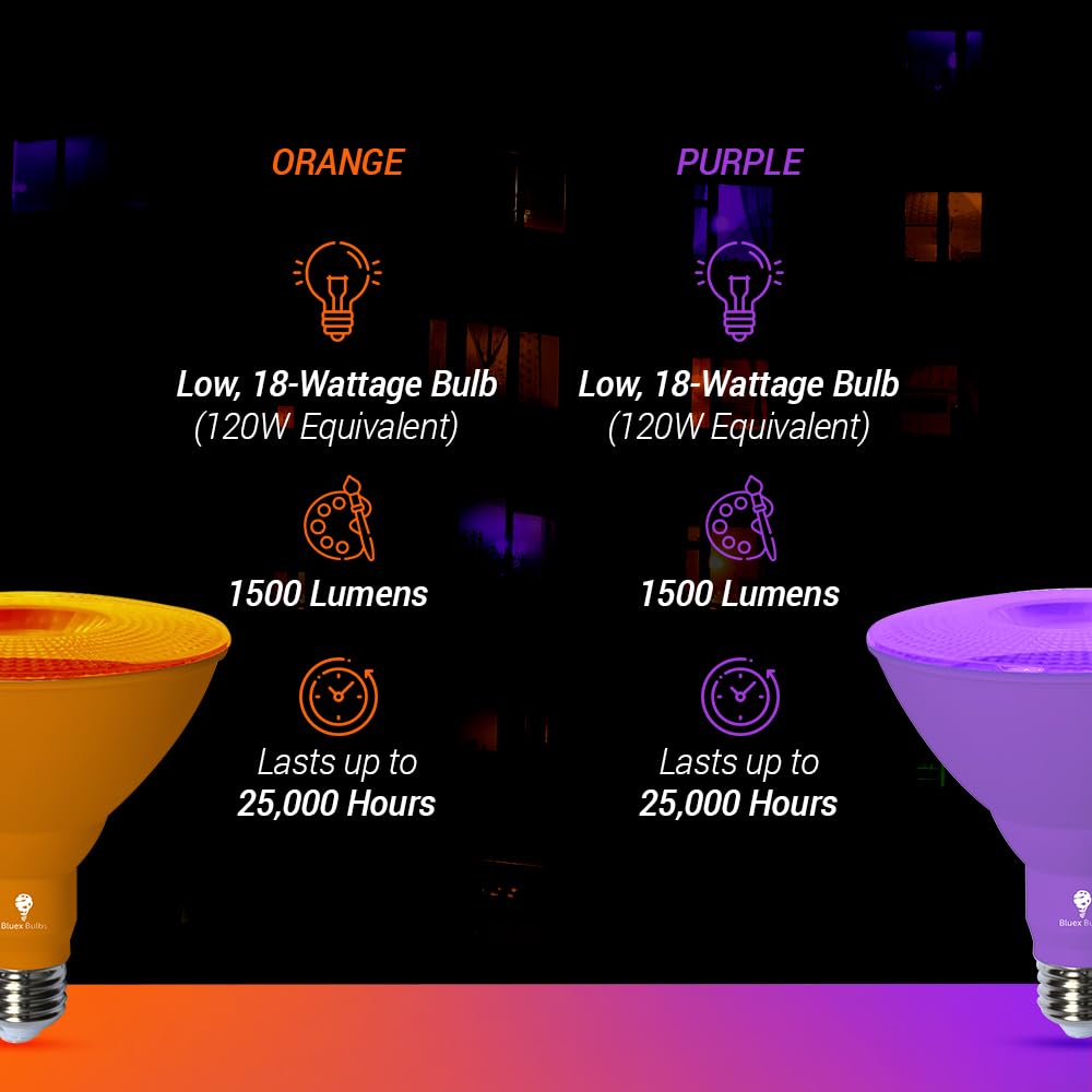 Bluex Bulbs 2 Pack Led Par38 Flood Purple Orange Light Bulb - 18W (120Watt Equivalent) - Dimmable - E26 Led Lights, Party Decoration,Home Lighting, Holiday Halloween Orange Purple Flood Lights Bulbs