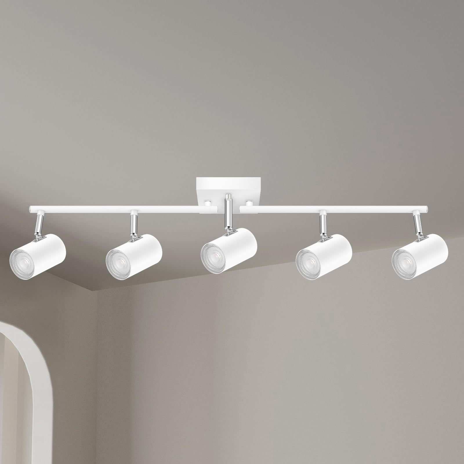 Auquee 5 Light Track Lighting Fixtures Ceiling, Matte White Kichen Track Lighting, Rotatable Light Heads, Adjustable Modern Led