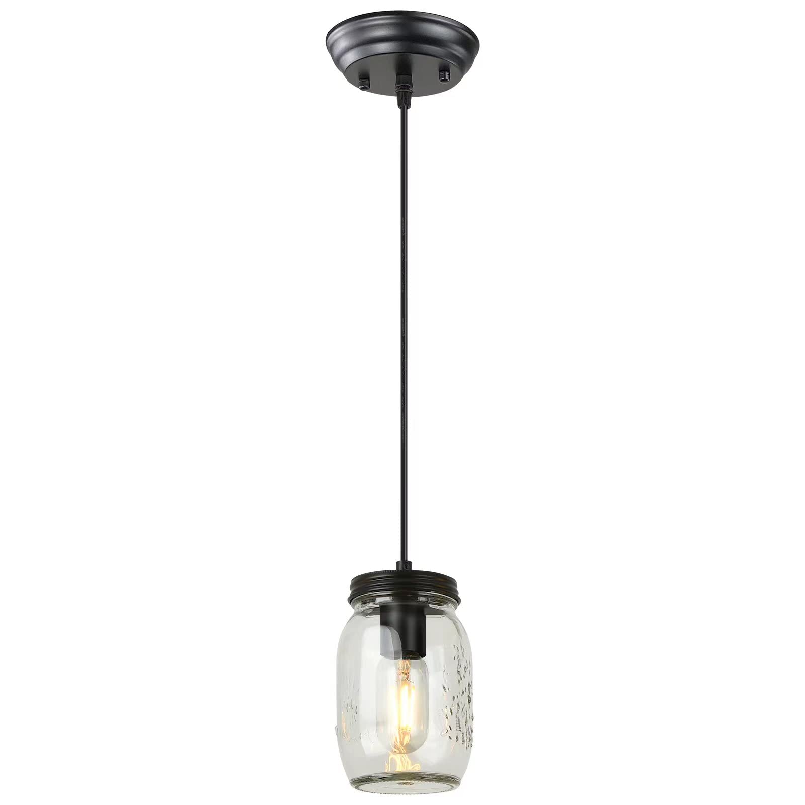 TinHon Mason Jar Pendant Light, 1-Light Black Ceiling Fixture, Adjustable Height, Clear Glass for Kitchen Island, Dining Room
