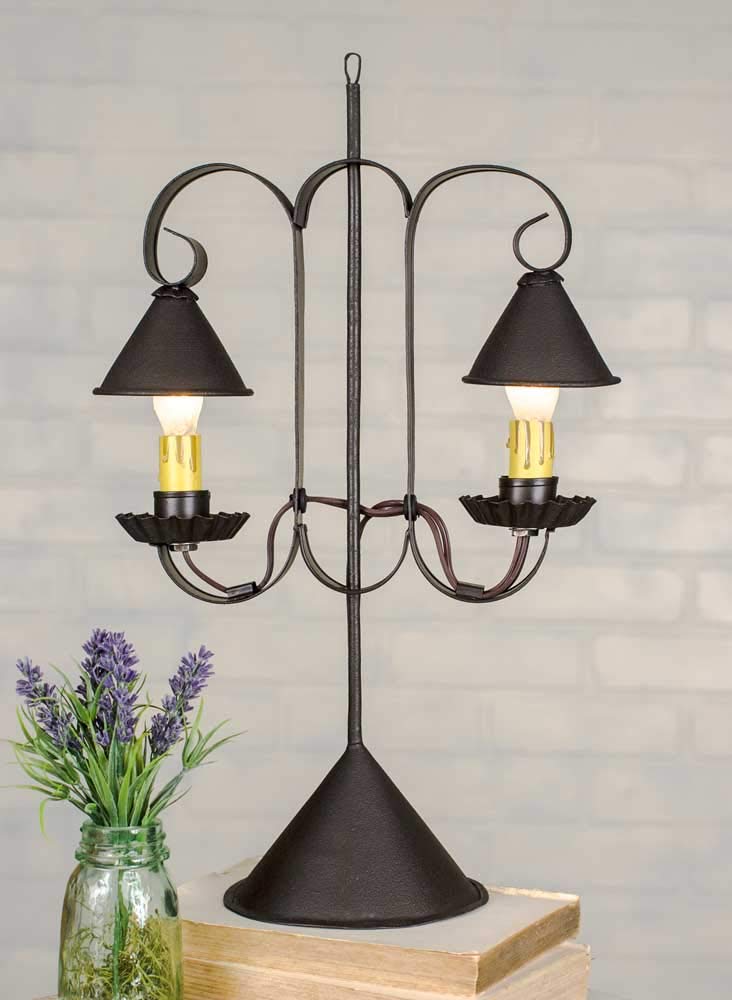 Reproduction Primitive Lamp ~ Double Lamp with Hanging Shades - Rustic Brown