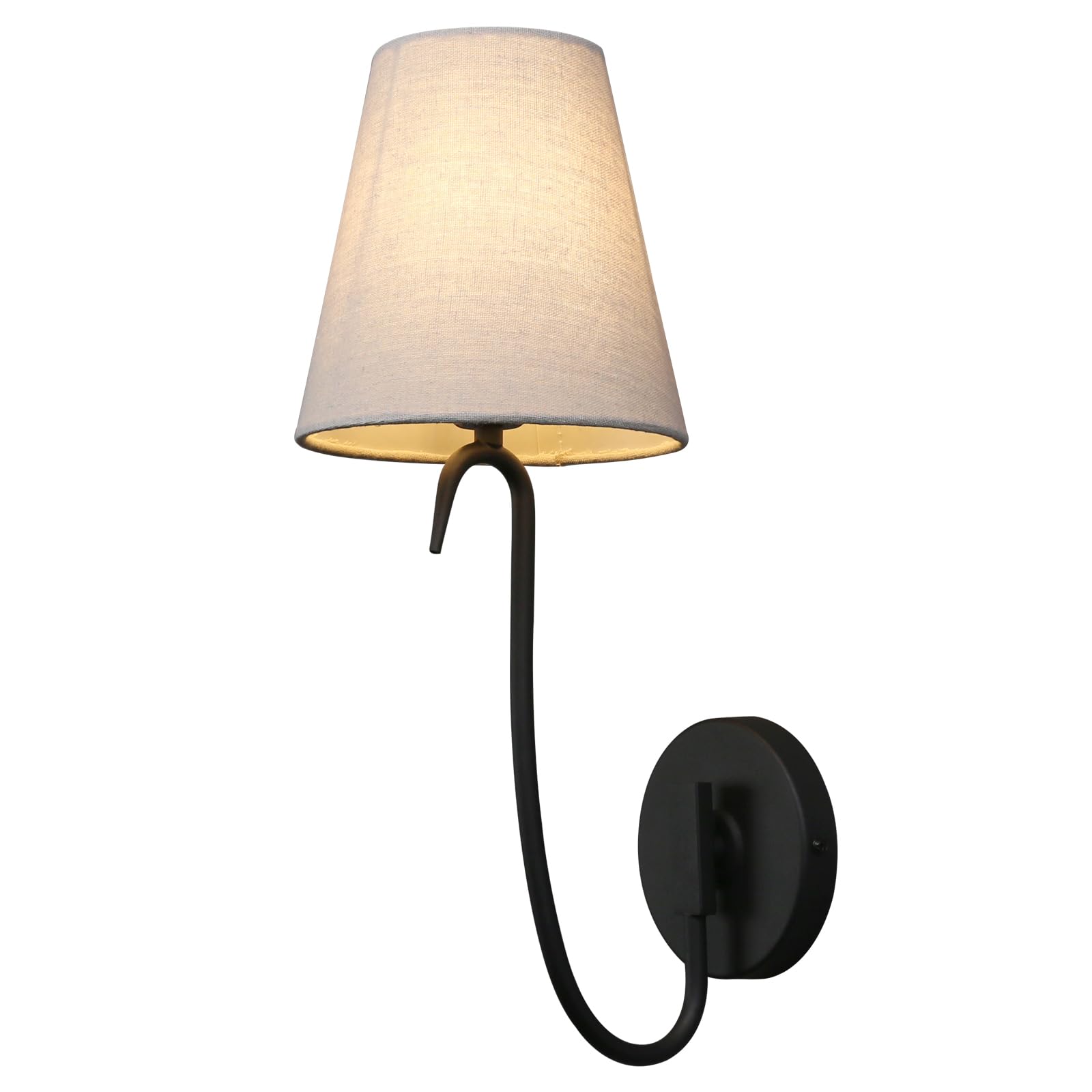 PERMO Goose-Neck Wall Sconce with Linen Fabric Shade Hardwired Wall Light Vintage Black Wall Lamp for Bedroom, Living Room, Hall