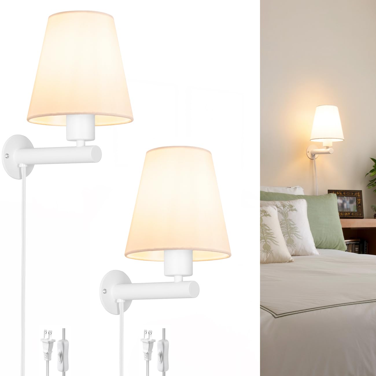OIYIO White Plug in Wall Sconces Set of Two, 9.45in Fabric Linen, Model 240927