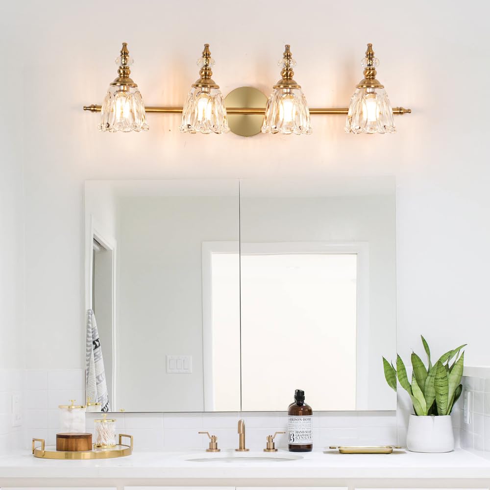 Ditoon Gold Bathroom Light Fixtures 4 Lights, Antique Brass Vanity Light, Bathroom Vanity Light Over Mirror, Vintage Bathroom Li