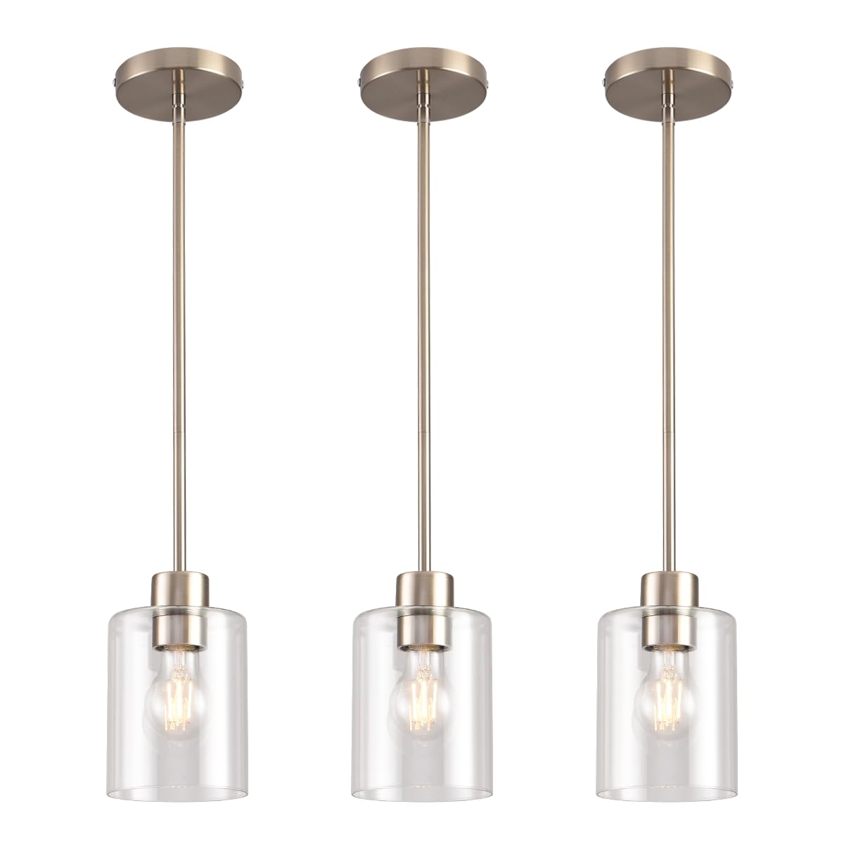 KLSS Brushed Nickel Pendant Lights Kitchen Island - Clear Glass Pendant Light Fixture Multiple Stems Rods 3 Units 12 Inch 3 Unit