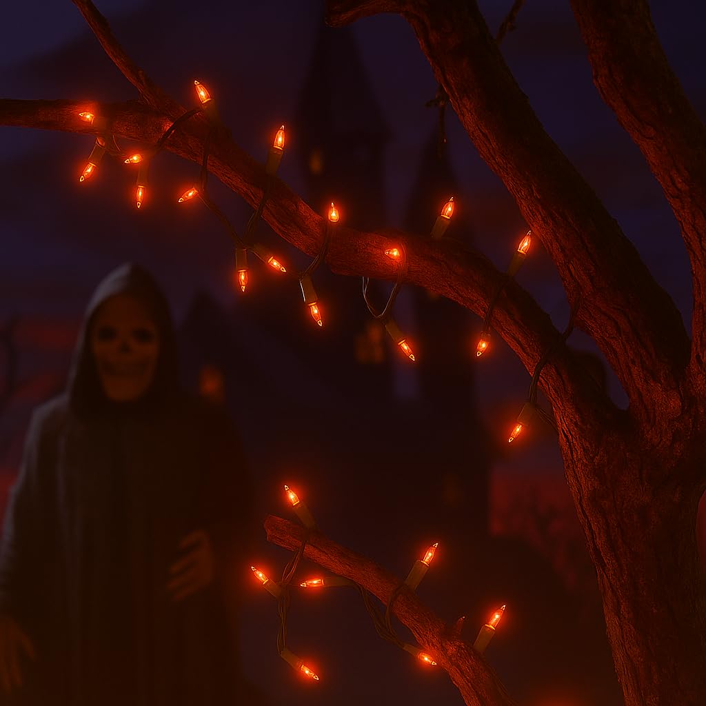 Novelty Lights 50 Feet 100 Bulbs Traditional Incandescent Mini Lights, Amber On Green Wire With 6 Spacing, Commercial Grade And