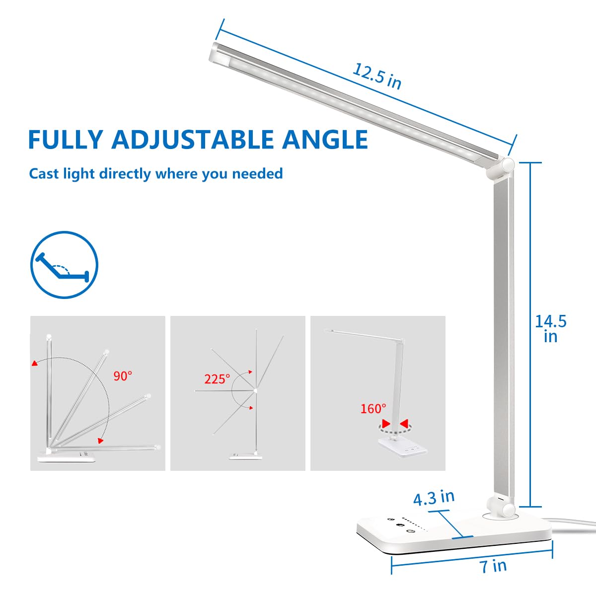 White Crown LED Desk Lamp with USB Port, Dimmable, 5 Modes, Timer, First-Generation, Silver, Model QM019