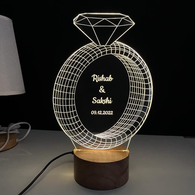 WOWOOD Anniversary Gift For Couple Wedding Gift LED Lamp Love Night Light (3D Ring Design, Wood, Warm White, Pack Of 1)