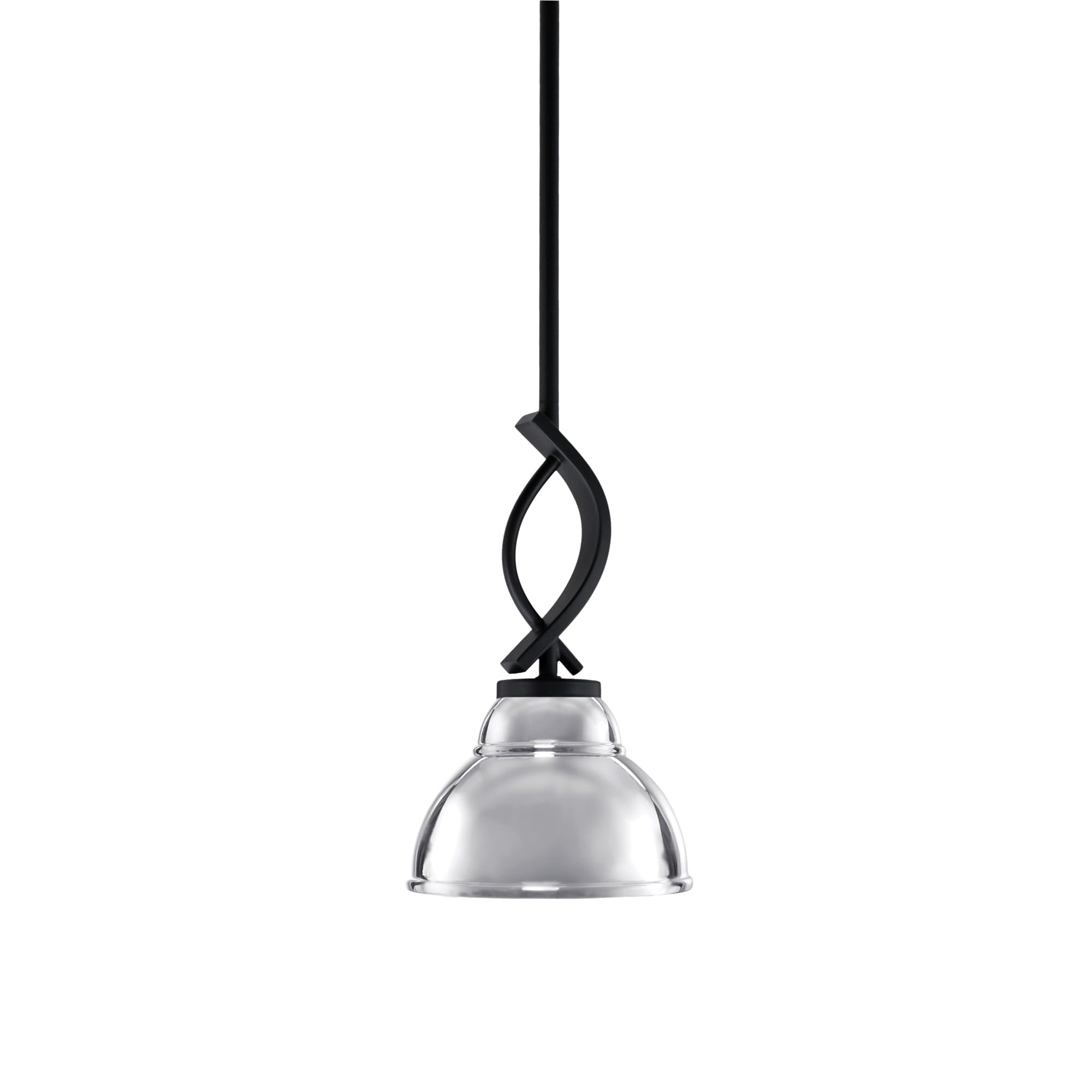 Cavella 1 Light Stem Mini Pendant Shown in Matte Black Finish with 7&quot; Chrome Double Bubble Metal Shade