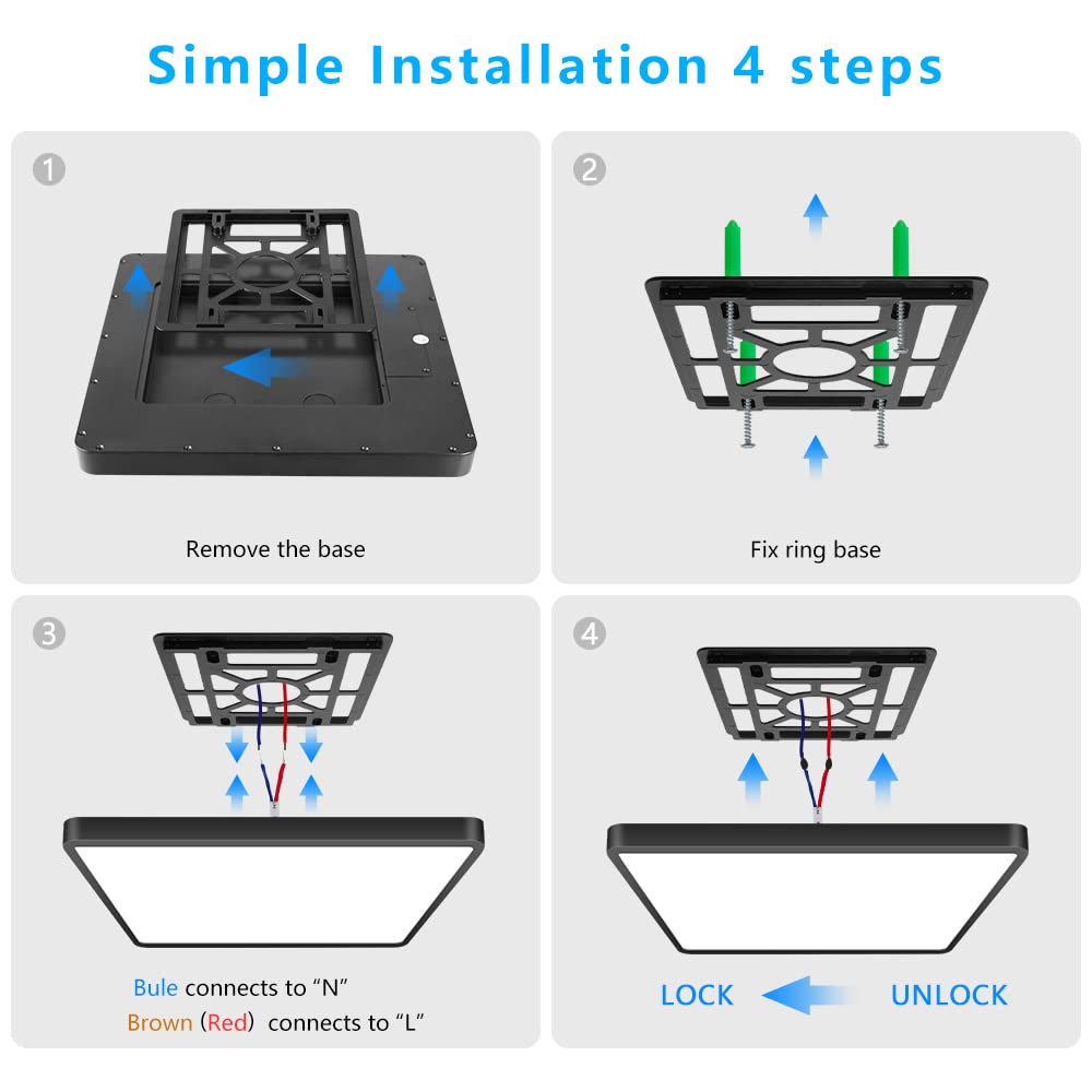 12Inch 24W Square Led Ceiling Light Fixtures Flush Mount  3000K Warm White Led Ceiling Lamp  Surface Mount Modern Ceiling Lights  Slim Flat Panel Lighting For Bedroom  Kitchen  Bathroom Etc.Black