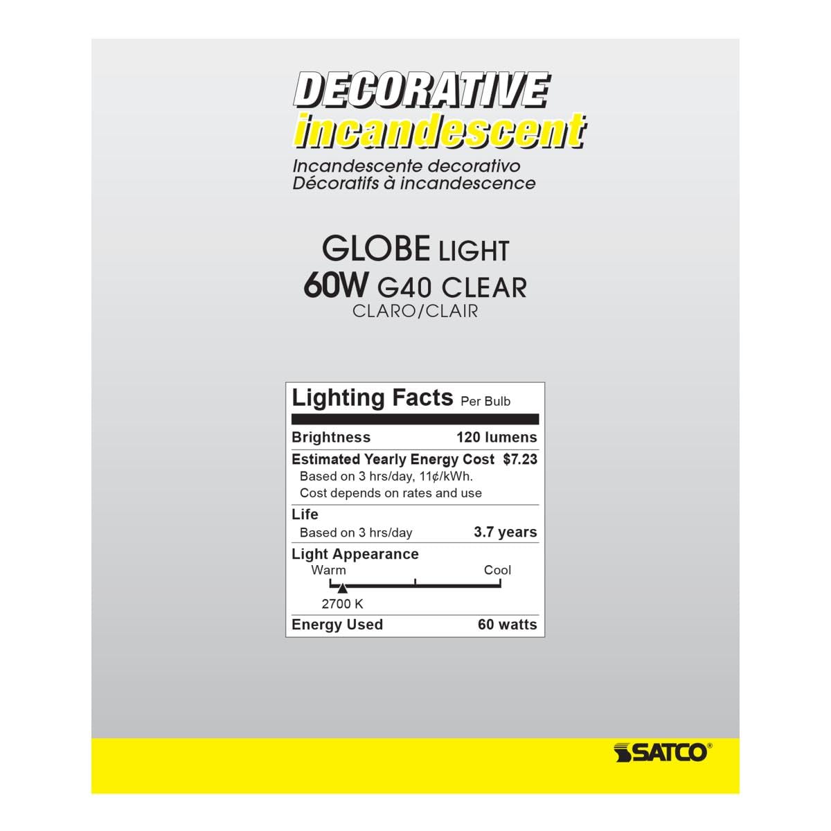 Satco 60W E26 G40 Incandescent Globe Light Bulbs, Clear, 6 Count, Model 2474122