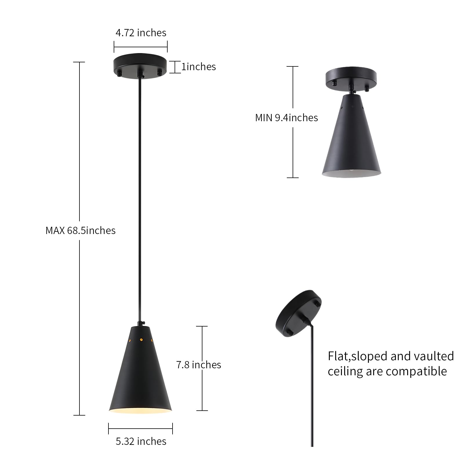 Dijiahua Black Battery Operated Pendant Light, 3 Pack, Metal Shade, Remote Control, Modern Dimmable Mini Chandeliers, P-JDH0116