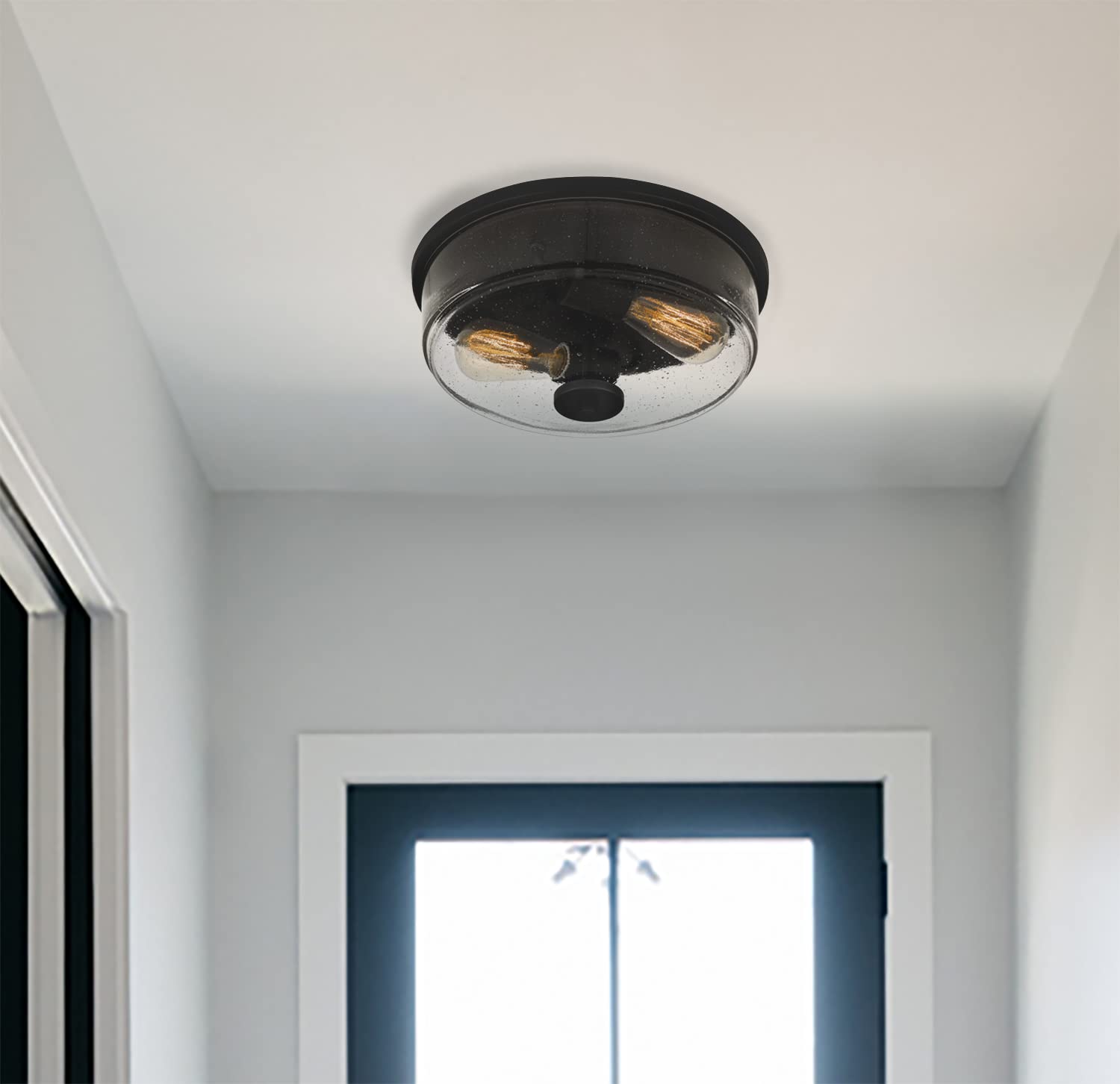 Tawson Noah Modern Farmhouse 2-Light Flush Mount Ceiling Light With Seeded Glass Shade In Black Finish For Hallway, Entryway, Passway, Dining, Bedroom, Garage, Living Room