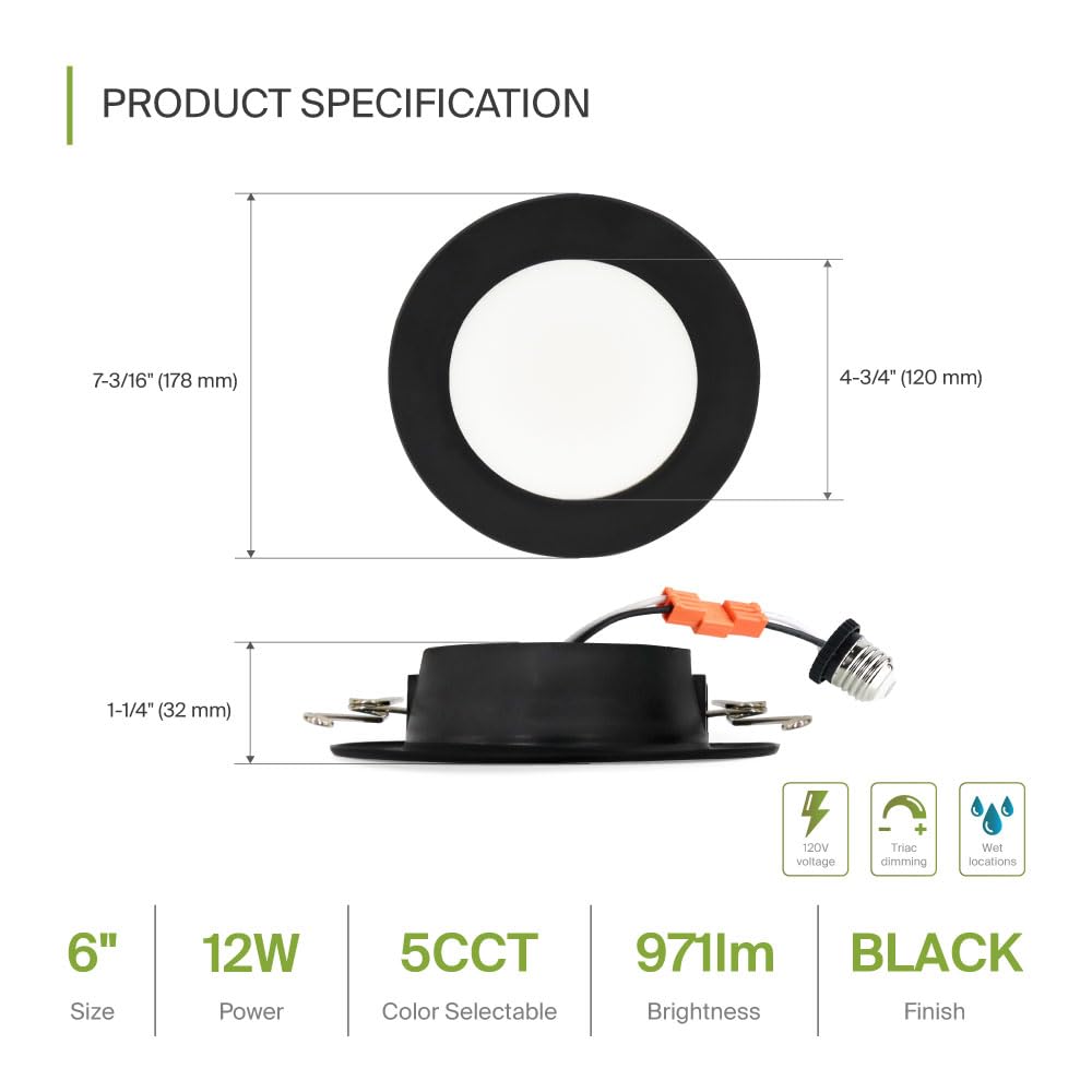 Asd Flat Retrofit Led Recessed Lighting 6 Inch | Black 12W 971Lm Wet Rated Dimmable Downlights | 2700K-5000K Adjustable Cri90 Ro