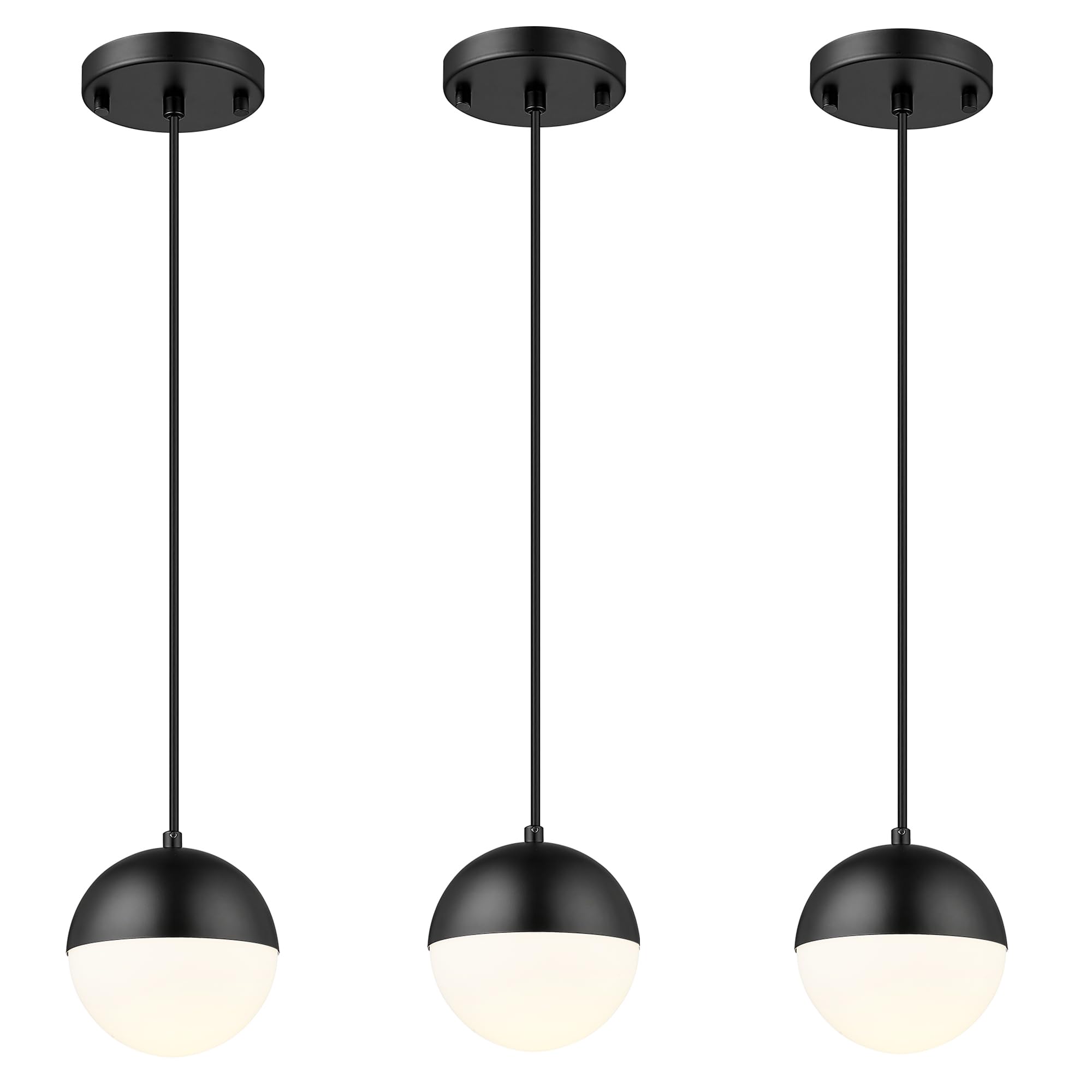 LMS Mid Century Pendant Lights  Matte Black Kitchen Island Light Fixtures with White Globe Glass Shade  Adjustable Hanging Cord  3 Pack for Home Office Dining Room Bathroom  LMS-186PL-BKWS3PK